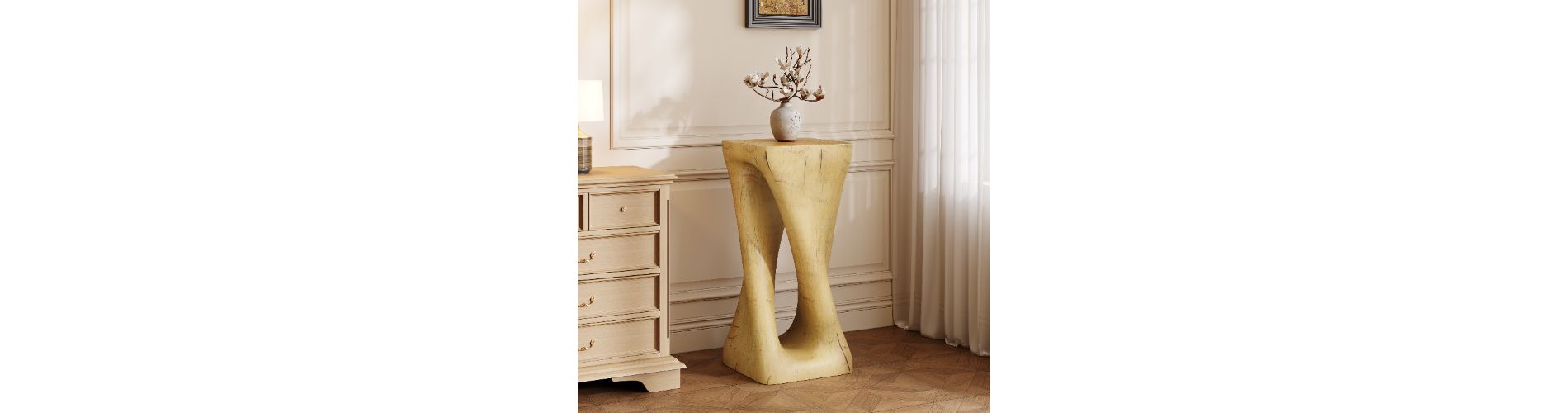 Lyngins Sculptural Twist Outdoor Side Table, Outdoor End Table, Wood Grain Finish Patio Side Table, Lightweight Concrete, Indoor Accent Table,Natural