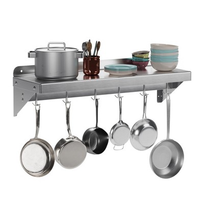 Whizmax Metal Storage Rack with Backplash for Kitchen,12" x 24" Stainless Steel Wall Mount Shelf with 5 Hooks