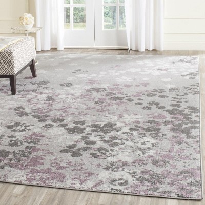Light Grey and Purple Floral Synthetic Area Rug, 10' x 14'