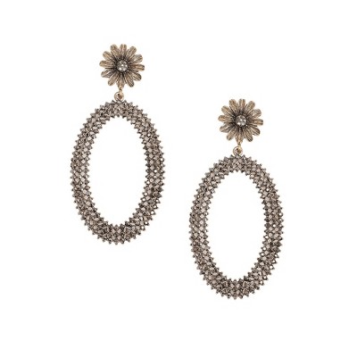 SOHI Women's Antique Silver Maxi Daisy Intricate Oval Drop Earrings