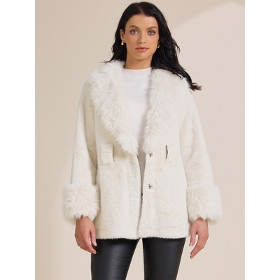 INSPIRE CHIC Women's Faux Fur Lapel Removable Belt Winter Shaggy Jacket with Pockets Small White — фото 3