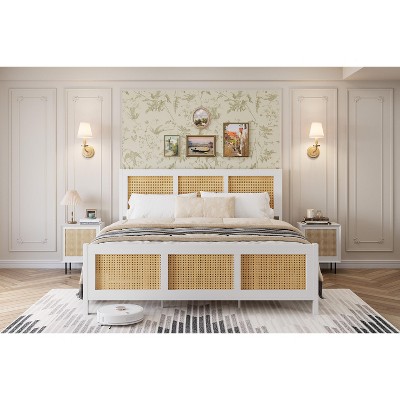 Full Size Rattan Bed Frame with Headboard, Black Boho Cane Platform Bed Frame with Strong Metal Slat