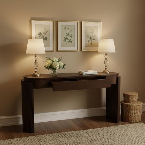 YOOCOZZ Entryway Console Table with Natural Wood Grain, Fluted Design, Oval Top & 2 Drawers - 1 of 4