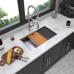 Gunmetal Black Workstation Kitchen Sink - 28inx 18inx 10in Single Bowl Workstation Undermount Kitchen Sink 16 Gauge Stainless Steel - 1 of 4