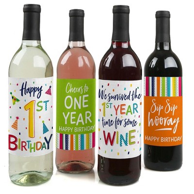 Big Dot of Happiness 1st Birthday - Cheerful Happy Birthday - Colorful First Birthday Party Decor - Wine Bottle Label Stickers - Set of 4