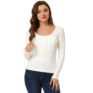 Allegra K Women's Solid Color Ruched Front Scoop Neck Long Sleeve Basic Tops - 1 of 4