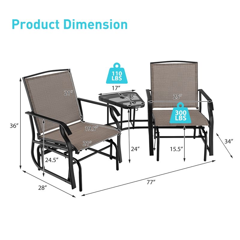 Costway Double Swing Glider Chair Rocker Glass Table Umbrella Hole Turquoise\Brown\Black, 4 of 10