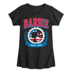 Girls' - Barbie - USA Flag Collegiate Since 1959 Fitted Short Sleeve Graphic T-Shirt - 1 of 4