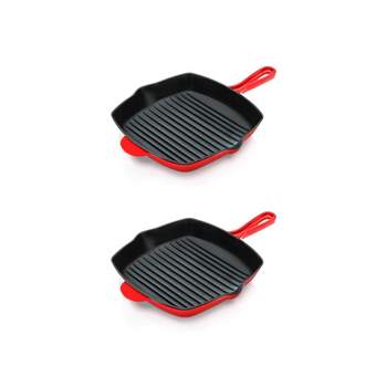 NutriChef 2 x NCCIES47 11 Inch Square Nonstick Cast Iron Skillet Griddle Grill Pan with Porcelain Enamel Coating, and Side Pour Spouts, Red (2 Pack)