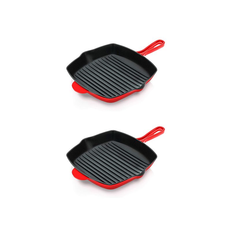 NutriChef 2 x NCCIES47 11 Inch Square Nonstick Cast Iron Skillet Griddle Grill Pan with Porcelain Enamel Coating, and Side Pour Spouts, Red (2 Pack), 1 of 7
