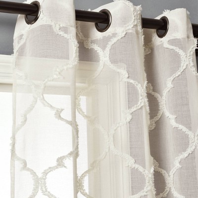 Beige Chenille Trellis Sheer Grommet Curtain Panels, 84" x 38"