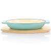 Gibson 2 Piece Enameled Cast Iron Oval Casserole Birch Wood Trivet Set in Aqua - 2 of 4