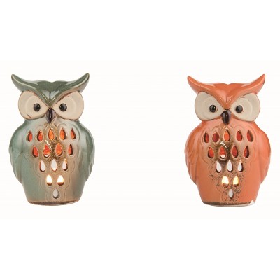 Transpac Small Ceramic Owl Tealight Holder Set of 2 Multicolored Candle Holders for Spring Tabletop and Mantel Decoration