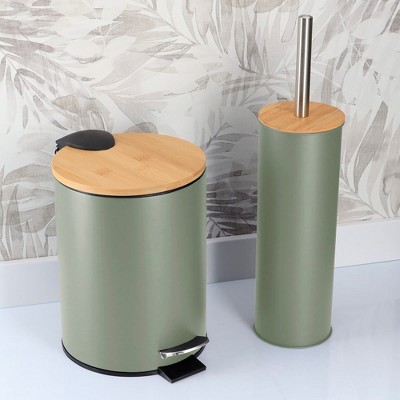 Evideco French Home Goods Bathroom Set with Bamboo Lid - Matte Metal Trash Can and Toilet Brush