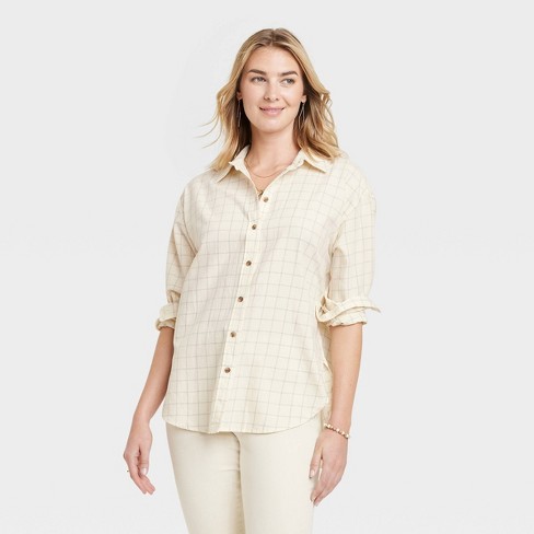 Women's Linen Long Sleeve Collared Button-Down Shirt - Universal Thread™  Tan Striped XS