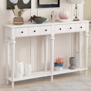 Console Table with 4 Drawers and Open Shelf, Solid Wood Frame with Pine Veneer, Narrow Sofa Table for Hallway, Living Room, and Entrance - 1 of 4