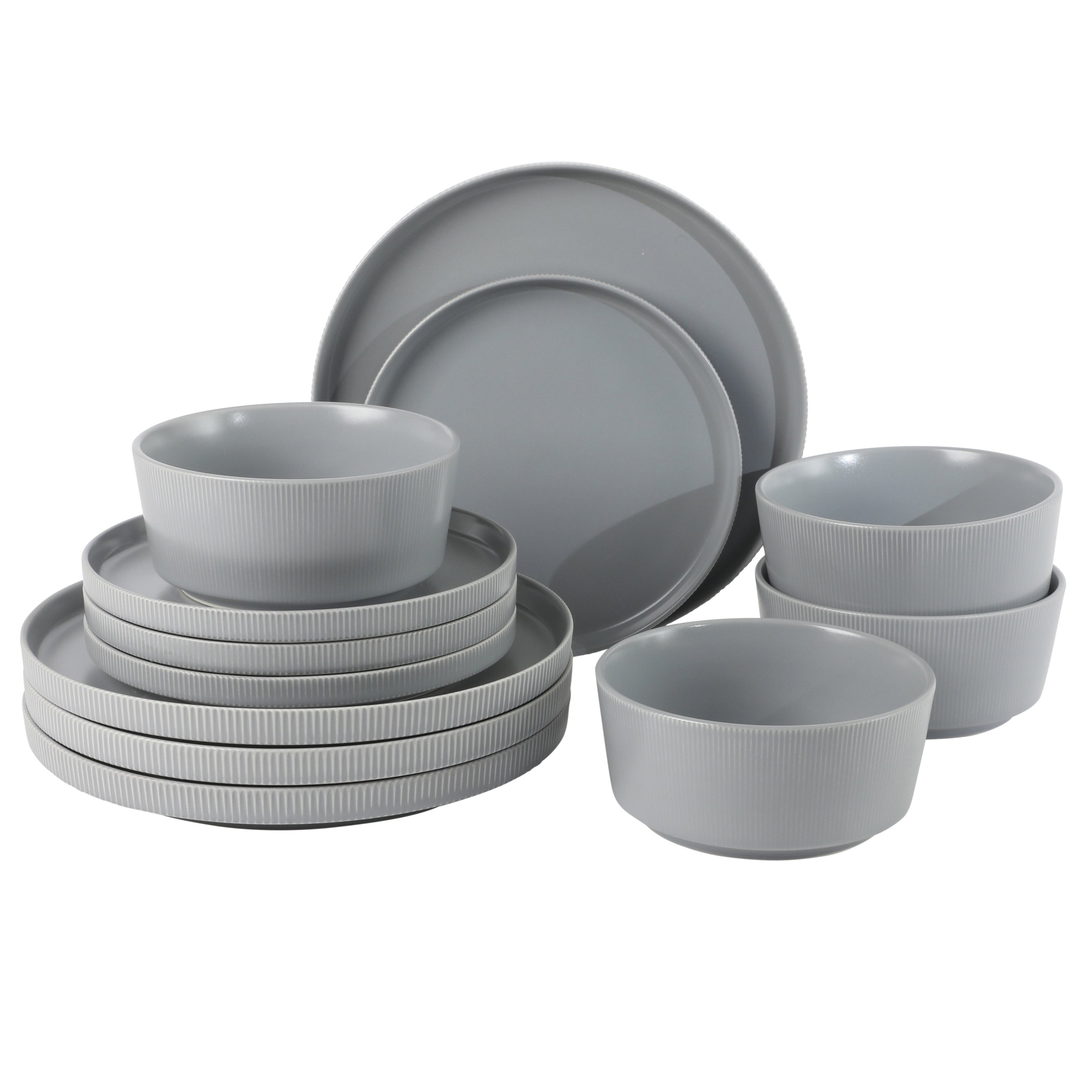 Gibson Home Dempsey Road 12-Piece Stoneware Embossed Dinnerware Set – Service for 4 - Grey