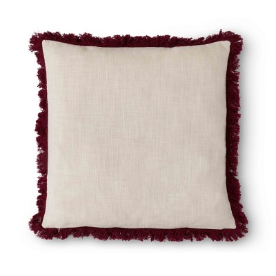Nature Inspired Appliqued Cotton Pillow with Burgundy Fringe