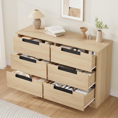 6 Drawer Dresser for Bedroom, Natural Chest of Drawers with Embedded Handles Design