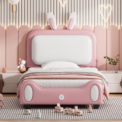 Twin Size PU Leather Upholstered Platform Bed Frame with Rabbit-Shape Headboard 250LBS High Load Capacity Princess Bed White+Pink