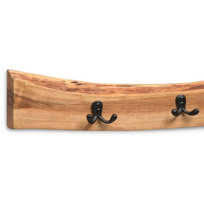Alpine Natural Acacia Wood Live Edge Bench with Black Metal Coat Hooks