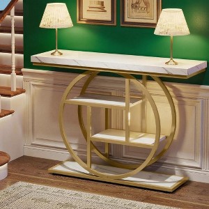 KTMBDW 41.3" Console Table, Industrial 4-Tier Sofa Table Entryway Table with Circle Base, Wood Accent Tables with Storage Shelves for Living Room - 1 of 4