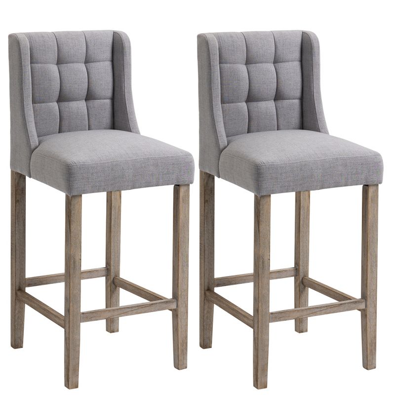 HOMCOM Modern Bar Stools, Tufted Upholstered Barstools, Pub Chairs with Back, Rubber Wood Legs for Kitchen, Dinning Room, Set of 2, 1 of 7