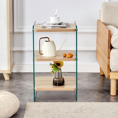 Syemin Square Side Table Stylish Glass Leg Coffee Table with Three Layer Partition for Living Room, Brown, 14"*14"*23.6"