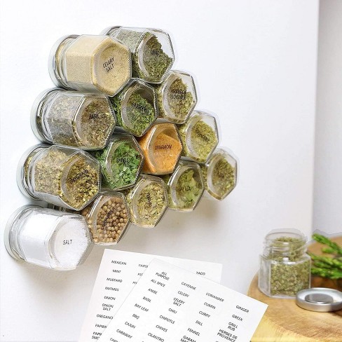 IMPRESA 15 Pack Magnetic Spice Jars Hexagon Glass Spice Jars With Magnet Lids Space Saving Storage Sticks to any Metal Surface Clear