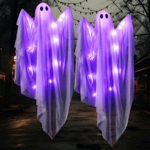 Joyfy 47” Halloween Hanging Ghost Outdoor Decoration, Flying Ghosts with Warm LED Light Party Decor Prop for Front Yard Patio Garden 2 Pack - 1 of 4