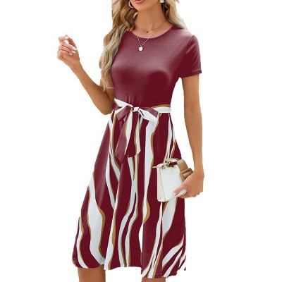 Womens Summer Midi Dress Short Sleeve Round Neck Fit and Flared Dress Belted Summer Dress with Irregular Stripes Summer Teacher Dress