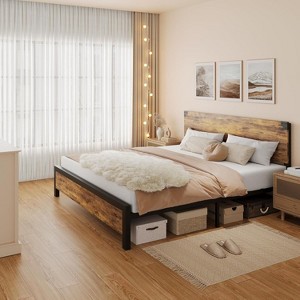 Jojoka Platform Bed Frame with Wood Headboard, Metal Bed Frame with Under Bed Storage and Support - 1 of 4