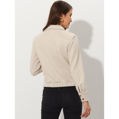 INSPIRE CHIC Women's Faux Suede Casual Spread Collar Button Up Biker Moto Jacket Small Beige — фото 5