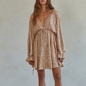 Coolmee Women Sexy Hot Deep V Neck Long Sleeve Tie Belt Sequined Party Banquet Drape High-End Wrap Dress - 1 of 4