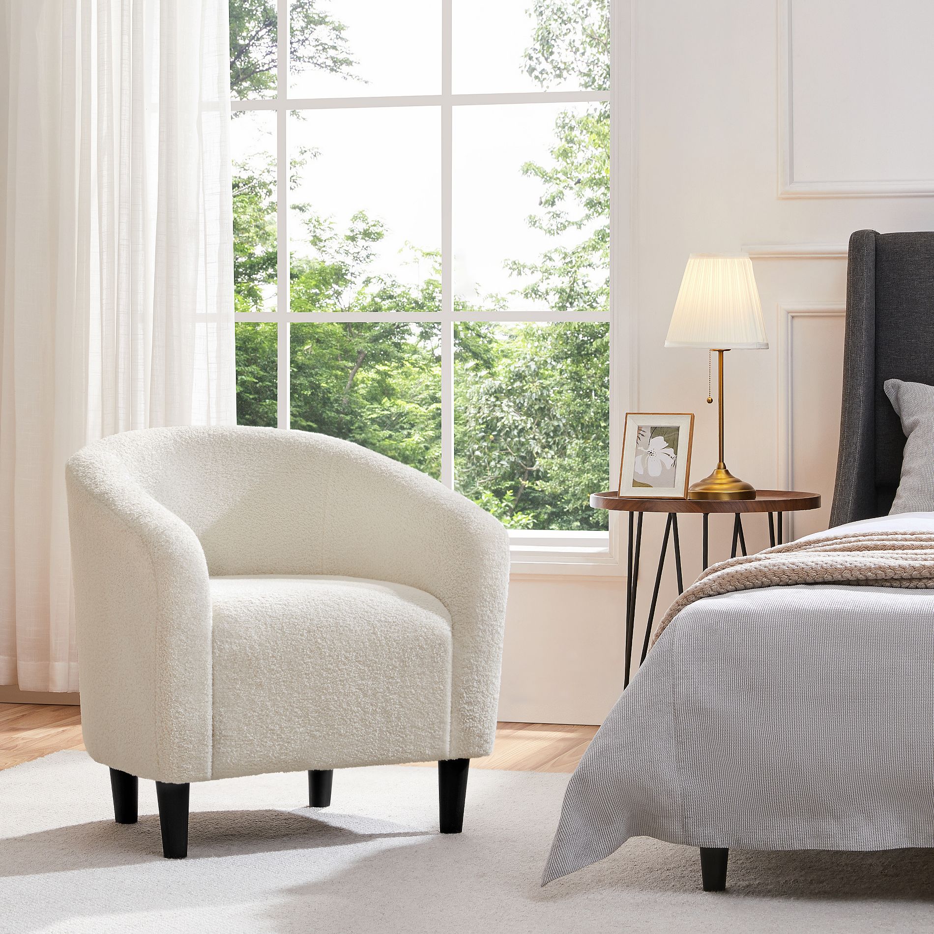Yaheetech Boucle Barrel Accent Chair, Upholstered Armchair for Living Room, Bedroom, Office & Reception Room, Ivory