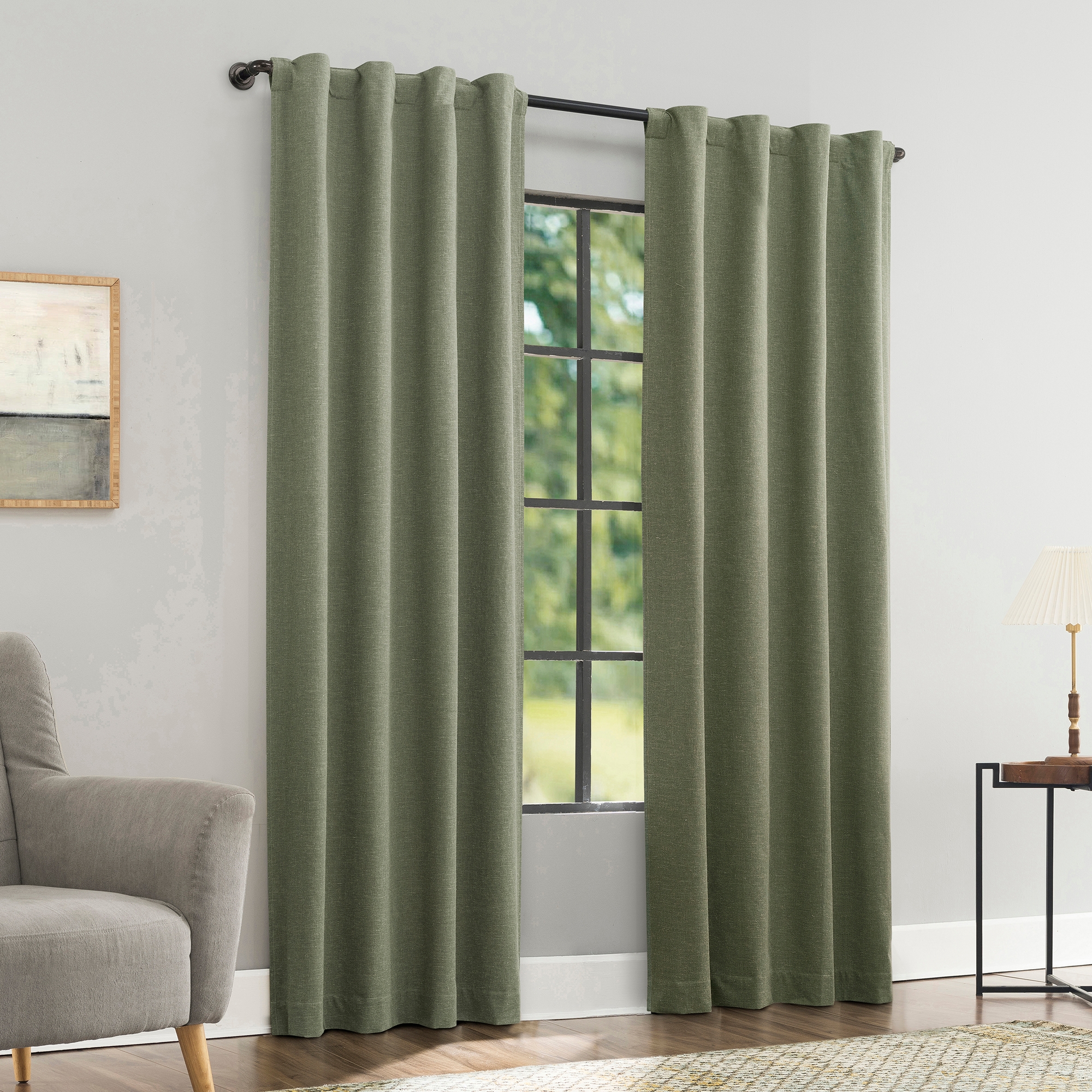40"x84" Sun Zero Treviso Linen Blend Magnetic Closure 100% Blackout Back Tab Curtain Panel Moss