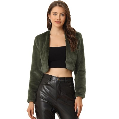 Allegra K Women's Cropped Open Front Collarless Long Sleeve Faux Fur Jacket