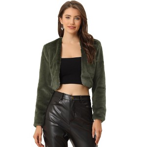 Allegra K Women's Cropped Open Front Collarless Long Sleeve Faux Fur Jacket - 1 of 4