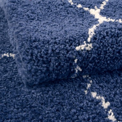 Navy Blue Square Shag Rug with Ivory Trellis Pattern