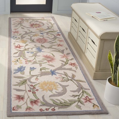 Ivory Floral Hand-Hooked Wool Runner Rug, 2'6" x 18'