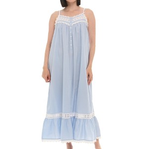 ADR Women's Cotton Nightgown, Cecilia Sleeveless Lace Trim Button Up Long Vintage Night Dress Gown - 1 of 4