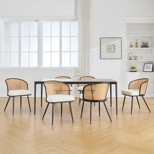 Bekrvio Rattan Dining Chairs - Cane Back & Curved Arm,Boucle Fabric Upholstered, Mid Century Modern Kitchen Chairs for Living Room - 1 of 4