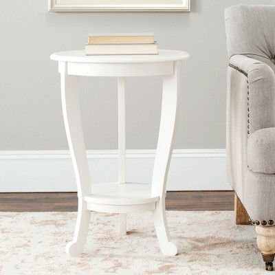 Transitional Round Wood & Stone Pedestal Side Table in Distressed Cream