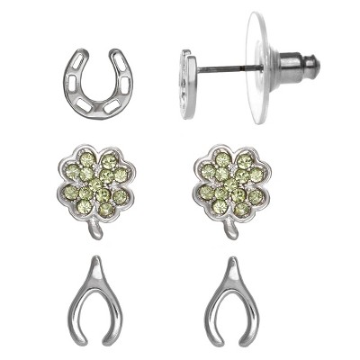 FAO Schwarz Horseshoe, Shamrock & Wishbone Stud Trio Earring Set