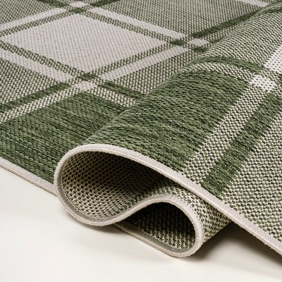 Sabine Green and Cream Synthetic Checkerboard Runner Rug, 2 x 8 ft