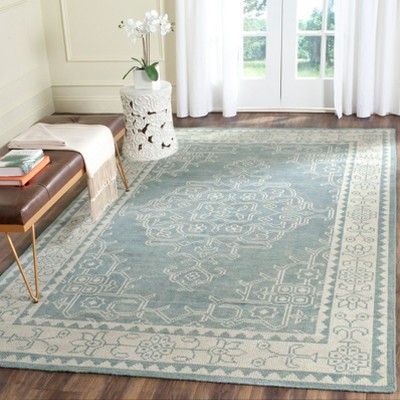 Ivory and Blue Hand-Knotted Wool Square Area Rug