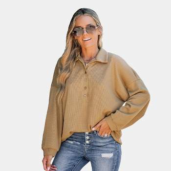 Women's Latte Waffle Knit Button-Front Pullover - Cupshe