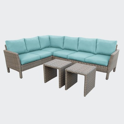 Leisure Made Canton 6pc Wicker Sectional in Spa Blue Fabric