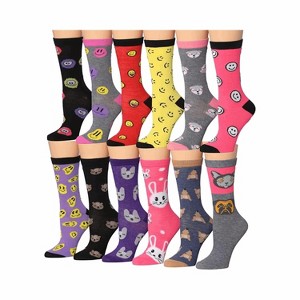Tipi Toe Women's 12 Pairs Cheerful Cute Emojis Animal Faces Colorful Patterned Lightweight Crew Socks - 1 of 4