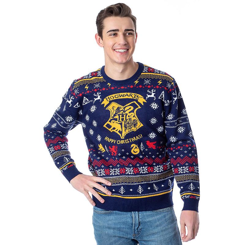 Harry Potter Men's Hogwarts Happy Christmas Ugly Holiday Knit Sweater, 1 of 4
